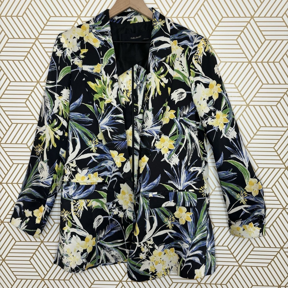 Zara Blazer Jacket Satin Tropical Print Open Front Large Black Long Line Indie